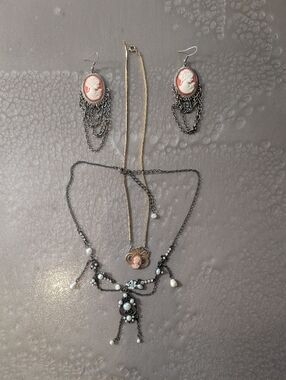 Set Of 3: Pink Cameo Pendant Necklace, Faux Pearl Necklace And Cameo Earrings